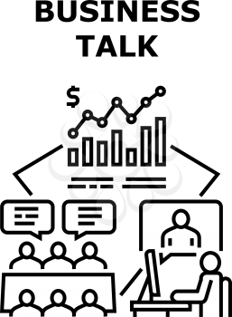 Business Talk Vector Icon Concept. Online Business Talk With Colleague Or Partner And Discussion Problem Or Agreement Conditions In Conference Room. Team Talking About Strategy Black Illustration
