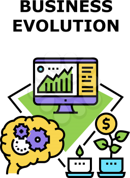 Business Evolution Develop Vector Icon Concept. Brain Thinking Process For Planning Strategy Of Business Evolution, Earning Money And Researching Innovation Technology Color Illustration