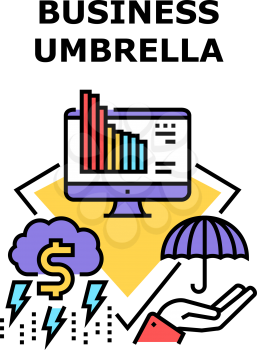 Business Umbrella Protect Vector Icon Concept. Business Umbrella Protect Accessory For Safe Company In Financial Storm Weather. Falling Finance Profit And Bankruptcy Prevention Color Illustration