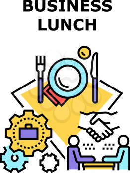 Business Lunch Vector Icon Concept. Entrepreneur Meeting At Business Lunch For Discussing About Agreement And Partnership, Eating Delicious Meal And Enjoying Drink. Working Process Color Illustration