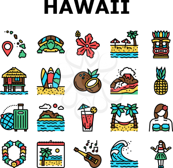 Hawaii Island Vacation Resort Icons Set Vector. Hawaiian Girl Dancing Dance And Drinking Tropical Cocktail, Bungalow Building On Water And Hawaii Sandy Beach Sea Coast Line. Color Illustrations