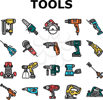 Tools For Building And Repair Icons Set Vector. Heat Gun And Nailer, Soldering Iron For Plastic Pipes And Reciprocating Saw, Jackhammer And Electric Screwdriver Tools Line. Color Illustrations