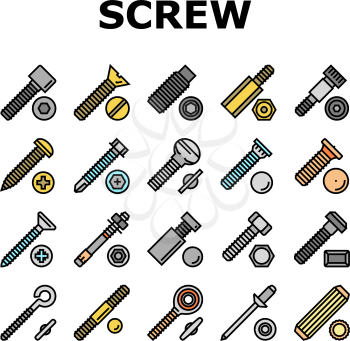 Screw And Bolt Building Accessory Icons Set Vector. Socket Head And Shoulder Screw, Press-fit And Hex Standoffs, Eyebolt With Peg And Rivet Engineer Equipment Line. Color Illustrations