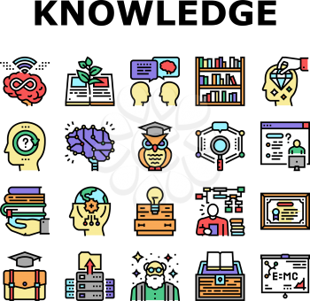 Knowledge And Mind Intelligence Icons Set Vector. World Knowledge And University Diploma, Asking Question For Solve Problem And Intelligent Talking Line. Library Shelf With Books Color Illustrations