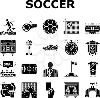 Soccer Team Sport Game On Stadium Icons Set Vector. Soccer Match Competition On Field And Sportive Strategy, Ball And Fan Attributes, Player And Arbitrator Glyph Pictograms Black Illustrations