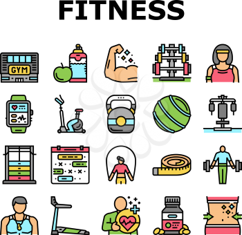 Fitness Health Athlete Training Icons Set Vector. Sportsman Equipment For Make Muscle Exercise And Fitness Bracelet Gadget, Barbell Rack And Dumbbell Tool Line. Color Illustrations