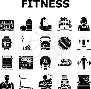 Fitness Health Athlete Training Icons Set Vector. Sportsman Equipment For Make Muscle Exercise And Fitness Bracelet Gadget, Barbell Rack And Dumbbell Tool Glyph Pictograms Black Illustrations