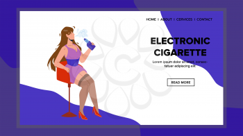 Electronic Cigarette Smoking Young Woman Vector. Attractive Girl Sitting On Chair And Smoke Electronic Cigarette Device. Character Hipster Vaping E-cigarette Gadget Web Flat Cartoon Illustration