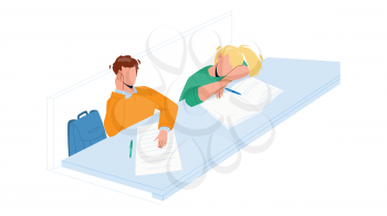 Bore Student Sitting At Classroom Table Vector. Bore Student Girl Sleeping On Desk, Napping And Boy Listening Lecture. Characters Boring Education Time In University Flat Cartoon Illustration