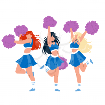 Cheerleaders Girls Dancing With Pompoms Vector. Cheerleaders Young Women Holding Pon-pon, Dance And Cheer Sport Team On Competition Together. Characters Cheering Flat Cartoon Illustration