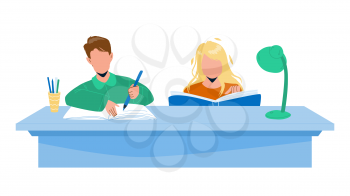 Pupils Doing Homework Together At Table Vector. Boy And Girl Doing Homework At Desk. Characters Reading Book And Writing Home Work Togetherness, Education Time Flat Cartoon Illustration