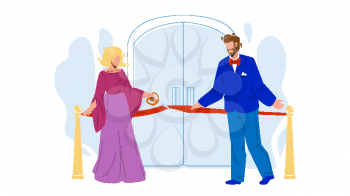 Grand Opening Ceremony, People Cut Tape Vector. Man And Woman Businesspeople Cutting Red Ribbon With Scissors Together On Grand Opening Ceremonial Event. Characters Flat Cartoon Illustration