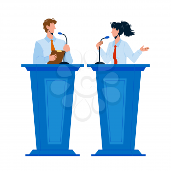 Speaker Discussing With Opponent At Tribune Vector. Speaker Woman And Man Talking In Microphone On Meeting Or Conference. Characters Businessman And Businesswoman Flat Cartoon Illustration