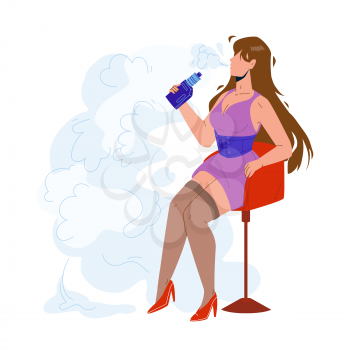 Vape Girl Smoking Electronic Cigarette Vector. Pretty Young Vape Girl Sitting On Chair And Smoke E-cigarette. Character Woman Hipster Vaping And Inhale Nicotine Flat Cartoon Illustration