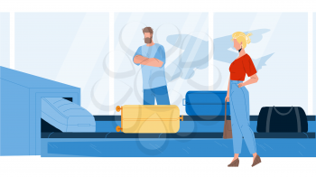 Airport Conveyor Equipment With Baggage Vector. Man And Woman Airplane Passengers Waiting And Searching Luggage On Terminal Conveyor. Characters Business Travel Flat Cartoon Illustration