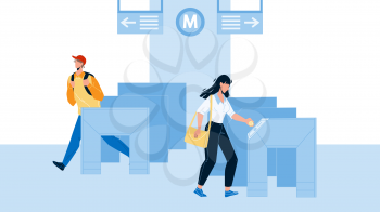 Entry Metro People Pass Through Turnstiles Vector. Man And Woman Passing Entry Metro Equipment For Control Direction Of Movement. Characters And Subway Security System Flat Cartoon Illustration