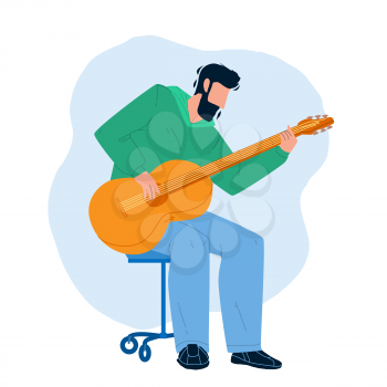 Playing Guitar Musician Instrument Boy Vector. Young Man Acoustic Guitarist Sitting On Chair And Playing Guitar. Character Artist Performing Music, Leisure Active Time Flat Cartoon Illustration