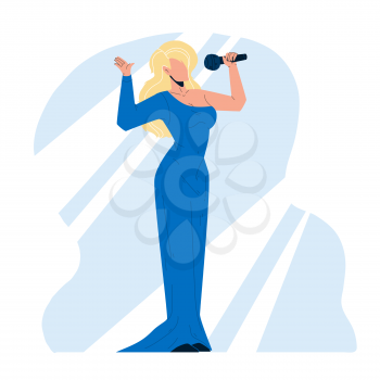 Woman Singer Singing Song In Microphone Vector. Blonde Hair Young Girl Singer In Attractive Evening Dress Holding Mic Electronic Equipment. Talent Elegant Character Lady Flat Cartoon Illustration