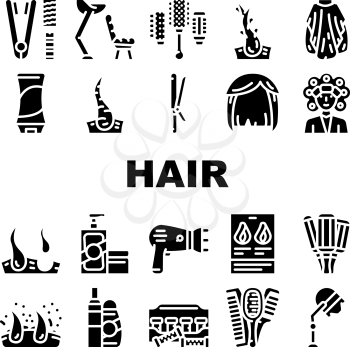 Healthy Hair Treatment Collection Icons Set Vector. Stationery Hairdryer And Dandruff, Shampoo And Balm For Hair, Thermo Curlers And Wig Glyph Pictograms Black Illustrations