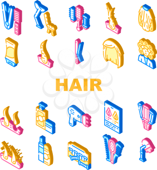 Healthy Hair Treatment Collection Icons Set Vector. Stationery Hairdryer And Dandruff, Shampoo And Balm For Hair, Thermo Curlers And Wig Isometric Sign Color Illustrations