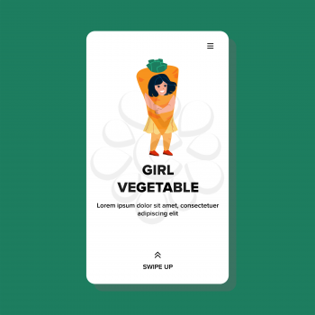 Girl In Vegetable Costume On School Stage Vector. Kid Girl In Vegetable Carrot Suit Dressed For Children Party In Kindergarten Or Xmas Celebration. Character Web Flat Cartoon Illustration