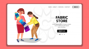 Fabric Store Client Choosing Textile Color Vector. Decorator Fabric Store Manager Showing Samples For Customer. Characters In Shop, Lady Choose Material For Sewing Web Flat Cartoon Illustration