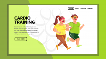 Cardio Training Overweight Man And Woman Vector. Young Obesity Boy And Girl Running Together And Making Cardio Training For Slimming And Wellness Health. Characters Web Flat Cartoon Illustration