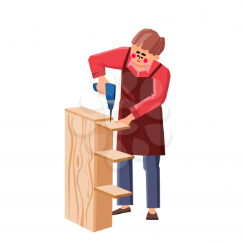 Handyman Assemble Furniture With Equipment Vector. Worker Man Assemble Furniture With Electronic Screwdriver Tool. Character Carpenter Assembling Bookshelf Flat Cartoon Illustration