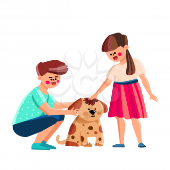 Boy And Girl Kids Petting Dog Together Vector. Brother And Sister Children Petting Dog Pet In Garden. Happy Preteen Characters Playing With Domestic Animal Flat Cartoon Illustration