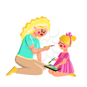 Mother Doing Beauty Make-up Little Daughter Vector. Young Woman Parent Applying Brush And Cosmetics For Do Make-up On Child Face. Characters Glamor Visage Flat Cartoon Illustration