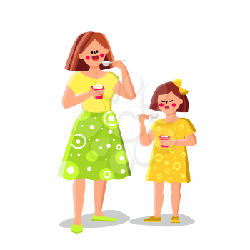 Woman And Girl Eating Yogurt Healthy Food Vector. Mother And Daughter Eat Together Delicious Yogurt Dessert From Package Cup With Spoon. Characters Taste Dairy Product Flat Cartoon Illustration