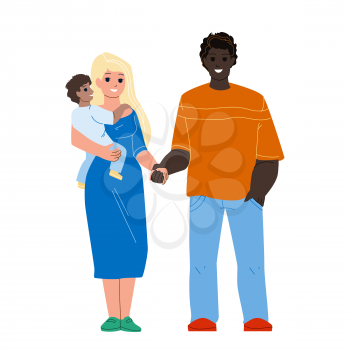 Happiness Mixed Family Standing Together Vector. African Man Husband, Caucasian Woman Wife And Child, Happy Multiracial Family. Characters Father, Mother And Son Kid Flat Cartoon Illustration