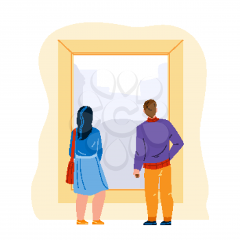 People Looking At Picture Artwork In Museum Vector. Man And Woman Couple Look Together At Exhibit In Art Museum. Characters Tourists On Interesting Exhibition Flat Cartoon Illustration