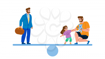 Man Work Career And Family Life Balance Vector. Businessman Job And Father With Daughter Life Decision. Characters Employee In Suit And Guy Playing With Child Flat Cartoon Illustration