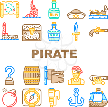Pirate Sea Robber Collection Icons Set Vector. Pirate Ship Floating In Ocean And Flag, Hat And Compass, Weapon And Saber, Treasure Chest And Drink Barrel Line Pictograms. Contour Color Illustrations