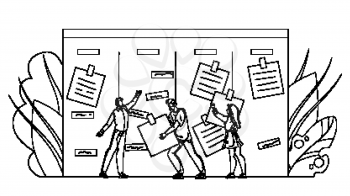 Businesspeople Agile Performing Job Tasks Black Line Pencil Drawing Vector. Men And Woman Workers Agile Taking Noted Work From Desk. Characters Employees And Sticky Papers On Kanban Board Illustration