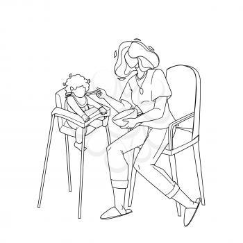 Baby Eating Food Breakfast With Appetite Black Line Pencil Drawing Vector. Mother Feeding With Spoon Child Sitting In Highchair, Little Kid Eat Meal With Appetite. Characters Woman And Infant Illustration