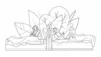 People Lying In Bed And Use Mobile Phone Black Line Pencil Drawing Vector. Young Man And Woman In Bed Using Smartphone. Characters With Communication Gadget In Bedroom, Bedtime With Electronic Device Illustration