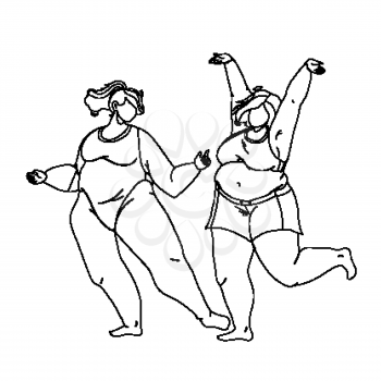 Body Positive Young Woman Couple Dancing Black Line Pencil Drawing Vector. Girls With Confidence And Body Positivity In Underwear Lingerie Dance Together. Characters Lady Funny Happy Time Illustration