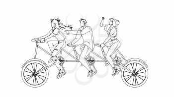 Collective Boy And Girls Riding Tandem Black Line Pencil Drawing Vector. Collective Black Line Pencil Drawing Vector. Collective Team Ride Bicycle Together. Characters Successful Teamwork Progress And Relationship Illustration