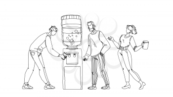 People Drinking Fresh Water From Cooler Black Line Pencil Drawing Vector. Office Colleagues Filling Cups With Hot And Cold Liquid From Cooler Equipment. Thirsty Characters Men And Woman Having Break Illustration