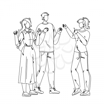 Deaf People Communication Sign Language Black Line Pencil Drawing Vector. Deaf Young Man And Women Discussing Together, Disabled Deaf-mute Human. Hearing Disability Characters Friends Communicating Illustration