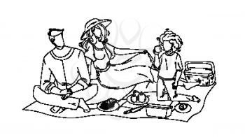 Family Picnic Man, Woman And Girl In Nature Black Line Pencil Drawing Vector. Father, Mother And Daughter Relaxing On Family Picnic. Characters Sitting On Ground In Park And Eating Food Together Illustration