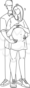 Pregnant Couple Embracing Young Family Black Line Pencil Drawing Vector. Man Embrace Pregnant Woman, Parenthood. Characters Husband And Pregnancy Wife Waiting Baby Standing Together Illustration