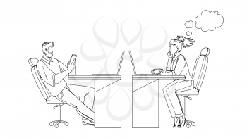 Procrastinating Office Workers Colleagues Black Line Pencil Drawing Vector. Man Play On Phone And Woman Sitting At Table, Watching Computer Screen And Drinking Coffee, Procrastinating Work. Characters Illustration