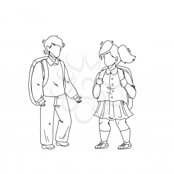 Pupils Kids With Backpack Staying Together Black Line Pencil Drawing Vector. Pupils Boy And Girl Going To Elementary School On Educational Lesson. Characters Children Schoolboy And Schoolgirl Studying Illustration