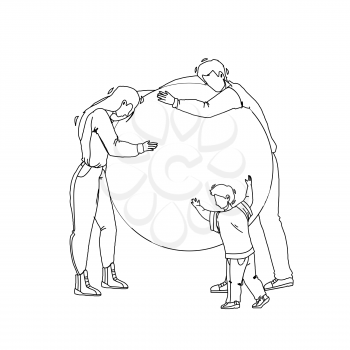Save Planet And Nature Occupation Family Black Line Pencil Drawing Vector. Young Man Father, Woman Mother And Little Child Son Embracing With Love Planet. Characters Care Earth Ecology Illustration