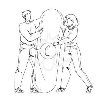 Vitamin Pill Holding Man And Woman Couple Black Line Pencil Drawing Vector. Vitamin Medical Drug Hold Young Boy And Girl Together, Healthcare Medicaments For Patients. Characters Health Illustration