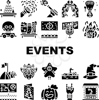 Events And Festival Collection Icons Set Vector. Rock And Oktober Fest, Standup And Pool Party, Fantasy Costume And Facial Mask Events Glyph Pictograms Black Illustrations
