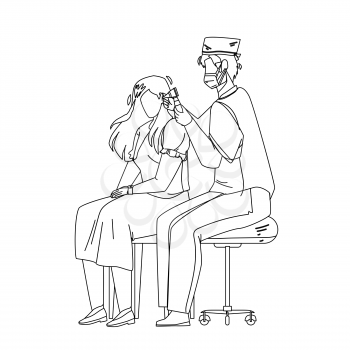 Audiologist Checking Patient Girl Ears Black Line Pencil Drawing Vector. Audiologist Doctor Man Examining Young Woman Hearing In Hospital Cabinet. Characters Health Check And Treatment Illustration